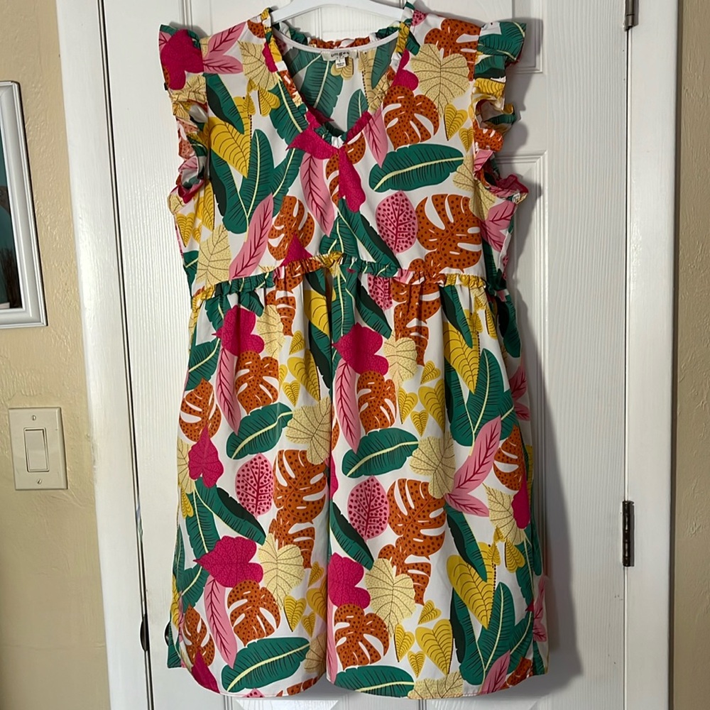 Umgee Tropical flutter sleeve boho  babydoll dress v neck pink green pockets LG
